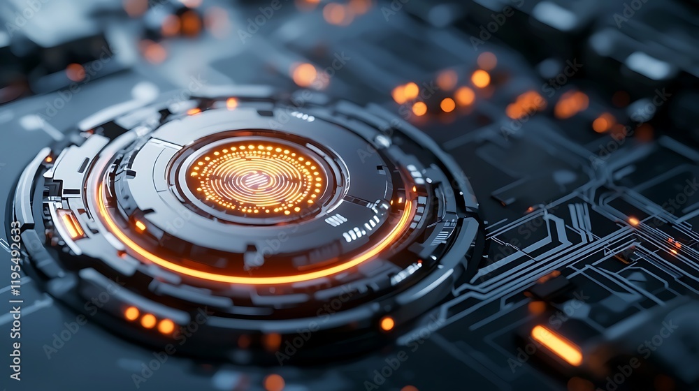 Poster malfunctioning futuristic fingerprint scanner with glowing lights in dark digital interface signalin