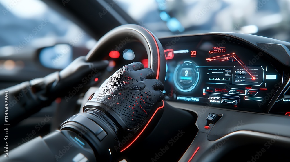 Poster malfunctioning futuristic holographic dashboard in sci fi vehicle control panel with digital instrum