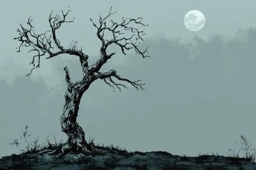 A Barren Tree Under a Full Moon in Mist