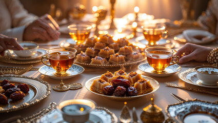 Iftar buffet with tea and sweet dishes
