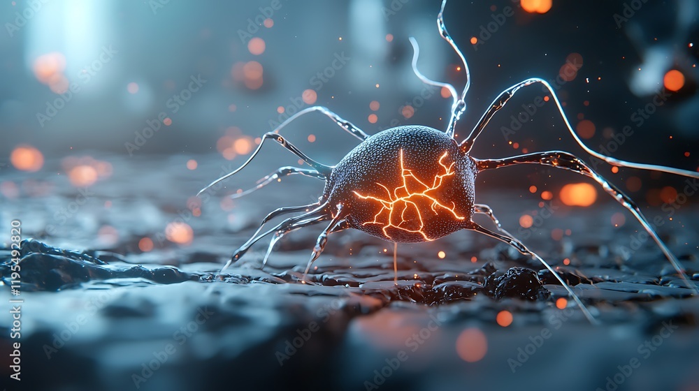 Poster mesmerizing digital abstract artwork depicting glowing neural pathways with breached nodes