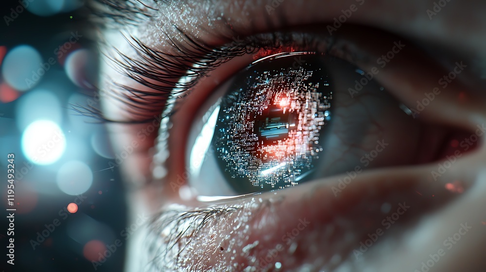 Poster mesmerizing digital eye surrounded by breached technological layers showcasing the intricate and cap