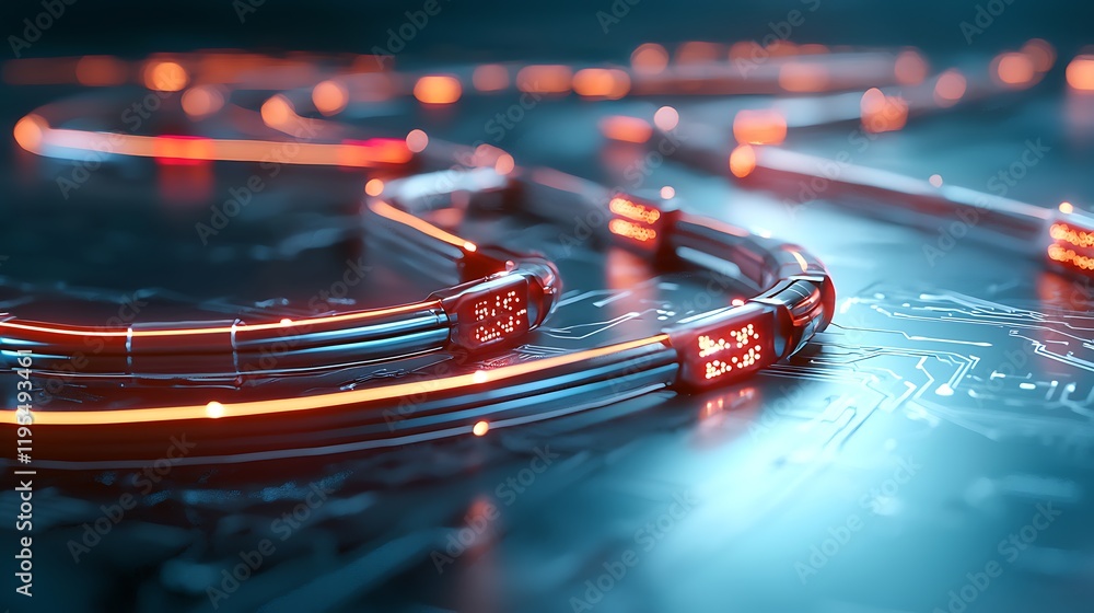 Poster overloaded circuit pathways emitting breach signals in a dynamic futuristic digital landscape abstra