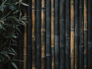 Fototapeta premium Bamboo wall with green foliage in close-up showcasing natural textures and colors