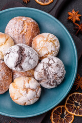 Sweet freshly baked round cookies of several types