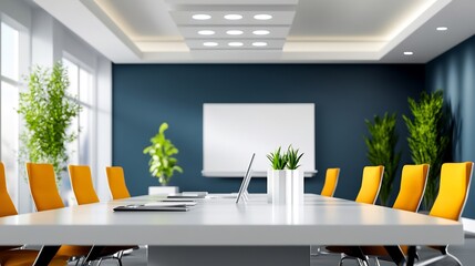 Modern boardroom glows warmly under bright overhead lighting Clean lines and vibrant yellow chairs create a professional yet inviting atmosphere. AI Generated