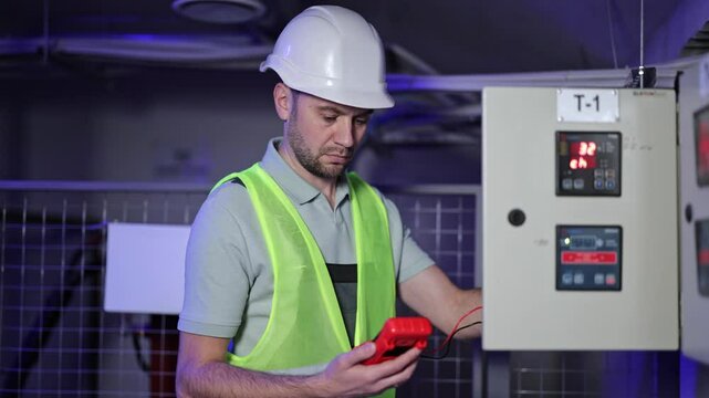 Serious engineer performs diagnostics of electrical control panel using a multimeter. Professional electrician works with electrical switchboard in dark room. Industrial electrical control panel.
