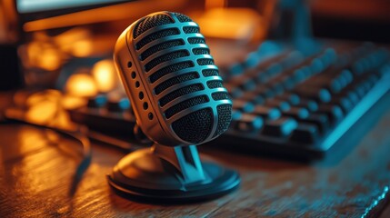 Vintage microphone on a wooden desk beside a keyboard in a cozy room during evening hours
