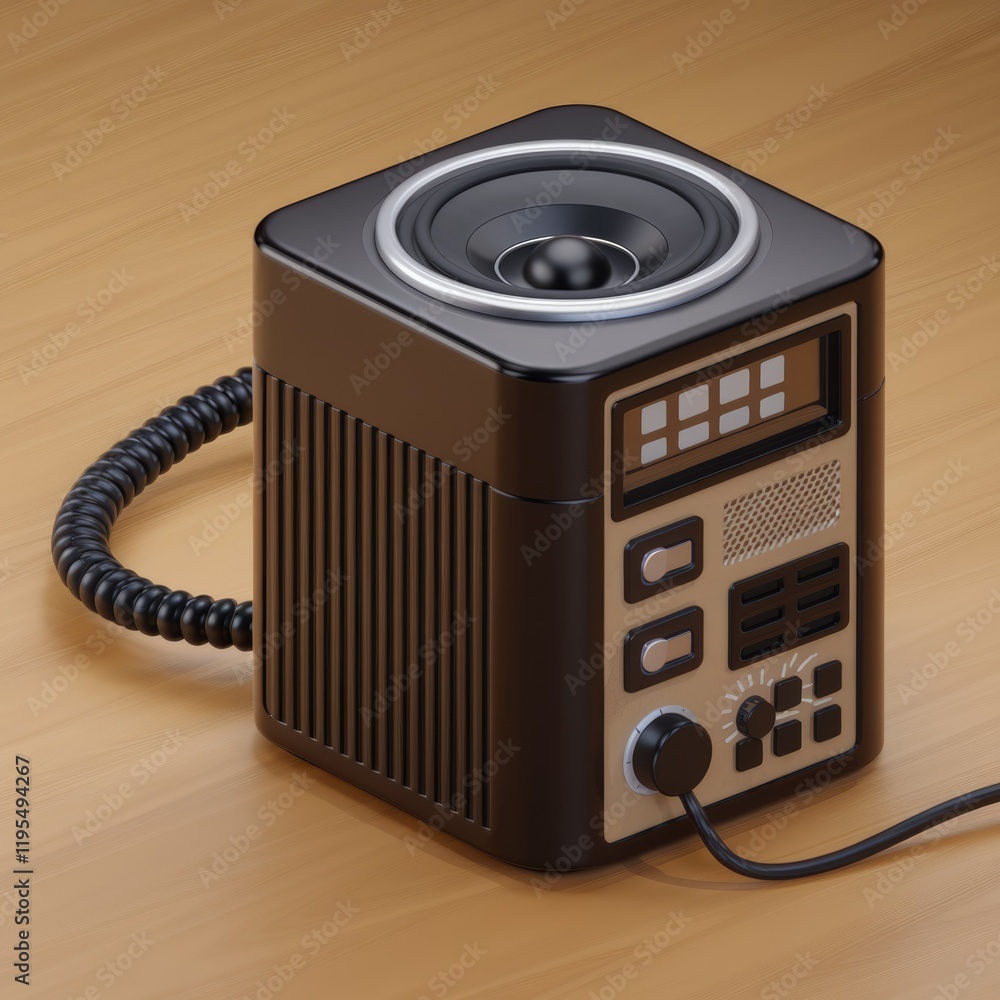 Aufkleber A retro-styled black cube speaker with a large speaker grill on top and various buttons and controls on its front.