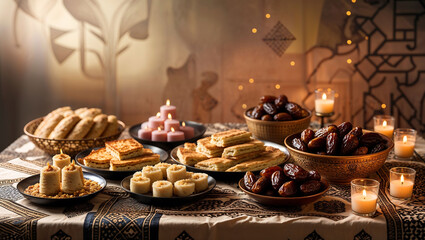 Iftar feast on a traditional wooden table