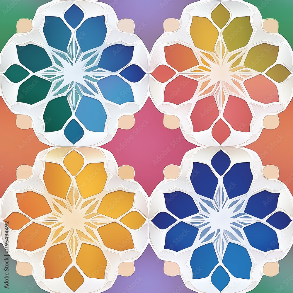 Poster colorful floral patterns arranged in a symmetrical design on a gradient background.
