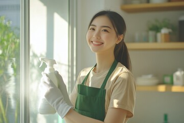 Smiling woman enjoying window cleaning at home in sunlit kitchen. Woman cleaning house