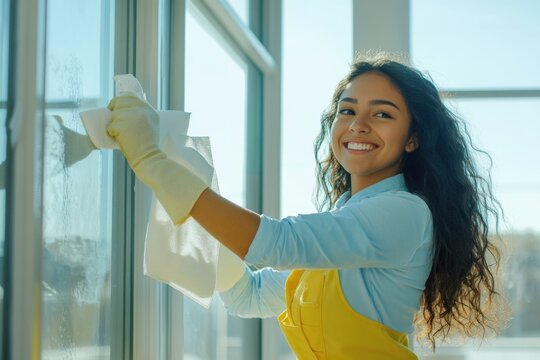 Smiling woman cleaning window with gloves and spray bottle for spring cleaning