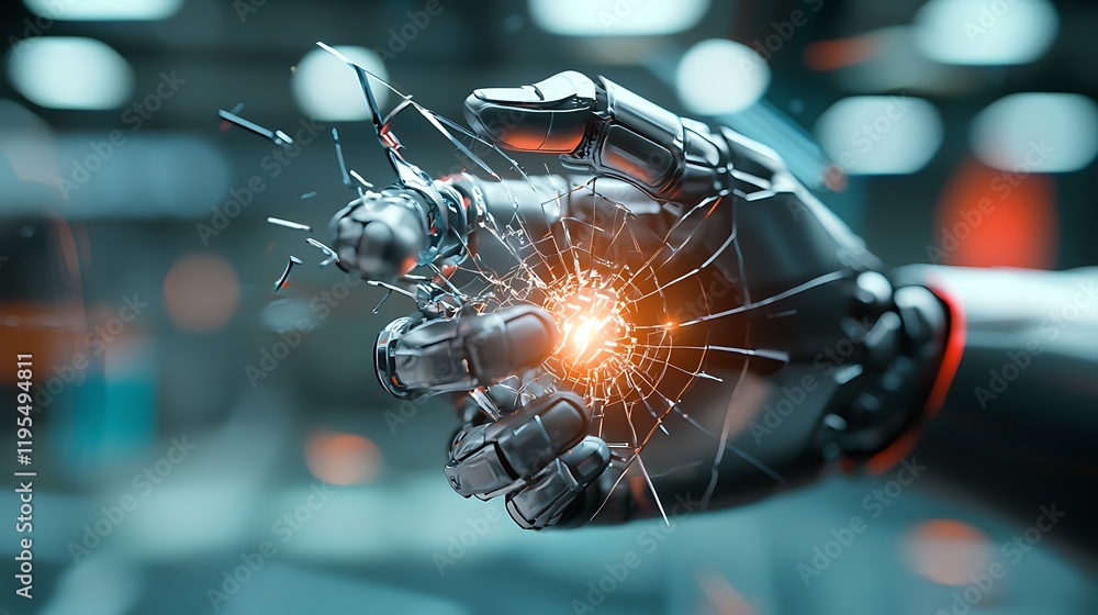 Poster robotic hand grasping a shattered digital shield that is emitting a striking glowing effect represen