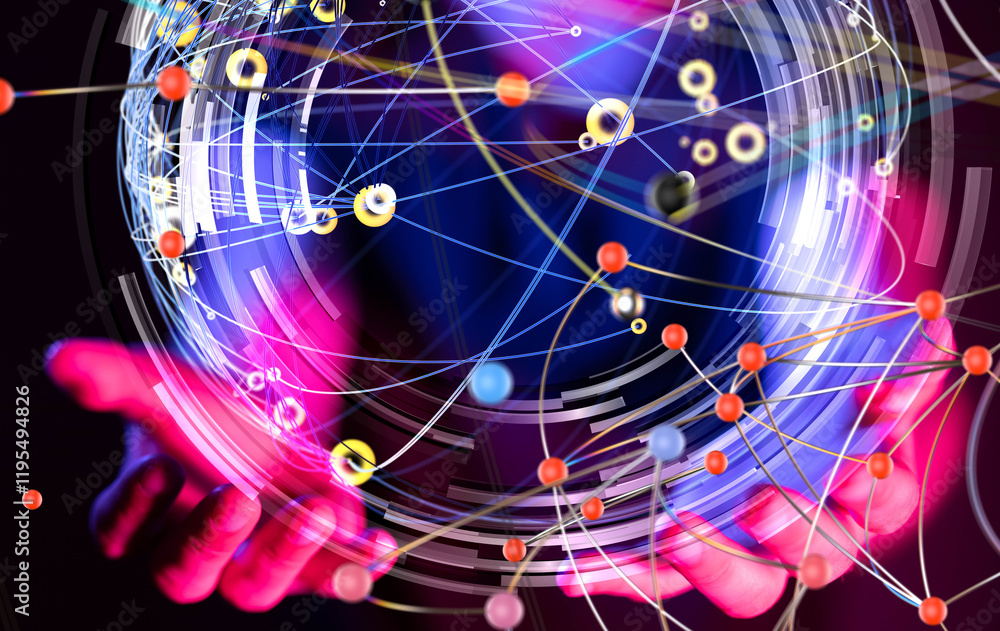 Poster Global network. Blockchain. 3D illustration. Neural networks and artificial intelligence. Abstract  - 3d