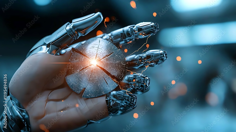 Poster robotic hand holding a shattered digital shield glowing with futuristic energy representing the powe