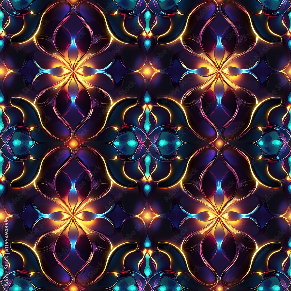 Poster vibrant abstract pattern featuring intricate designs with glowing colors and a dark background.