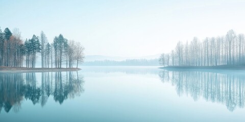 Fototapeta premium Calm water mirrors trees along the shore as morning fog blankets the area, creating a peaceful atmosphere in a picturesque environment