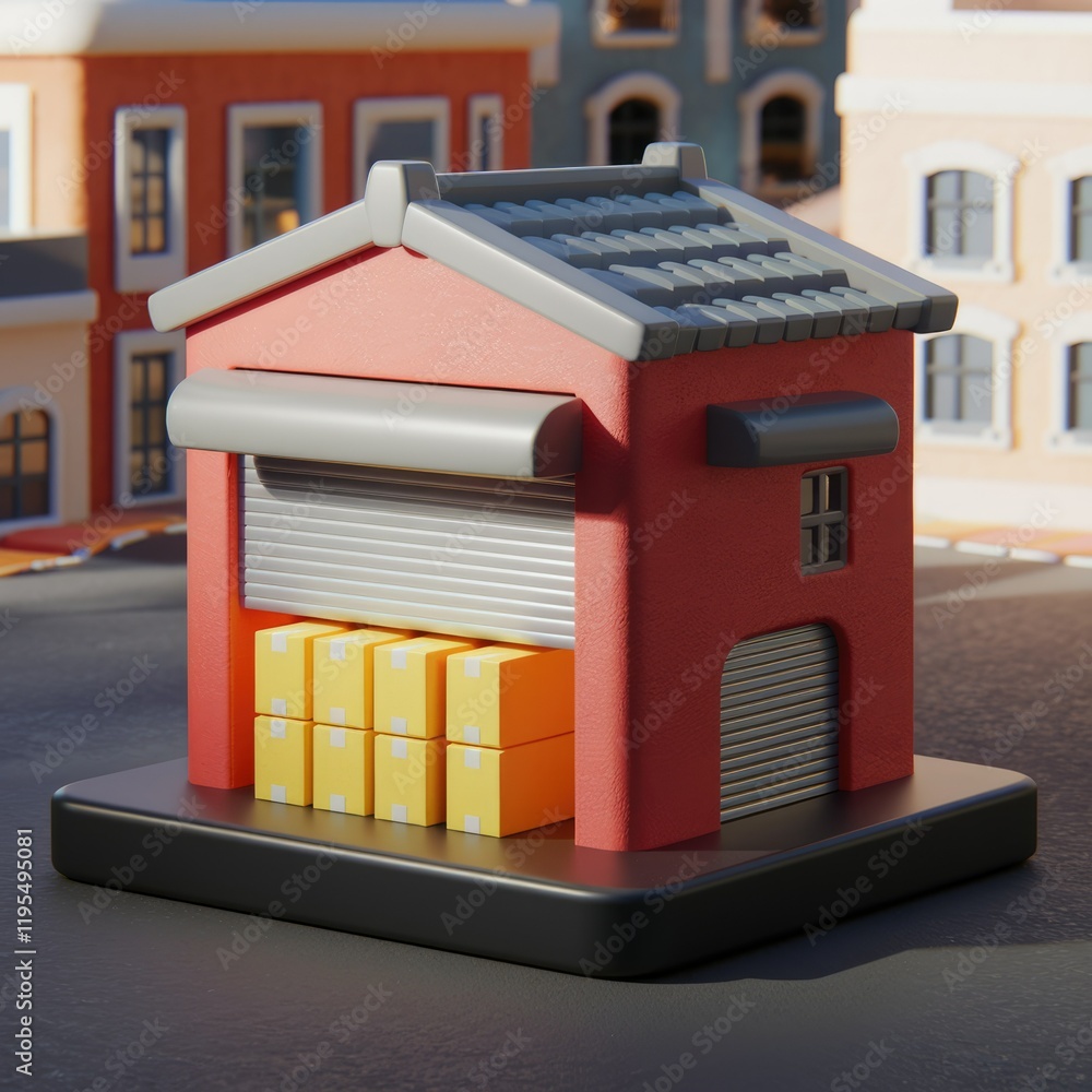 Poster a miniature warehouse, red building with a loading dock, filled with yellow packages.