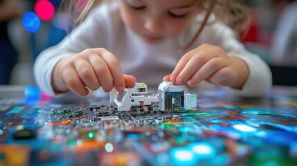 Young child engages in creative play with electronic components at a colorful workshop