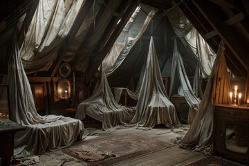 An eerie attic filled with draped furniture, dimly lit by candles, creating a mysterious atmosphere.
