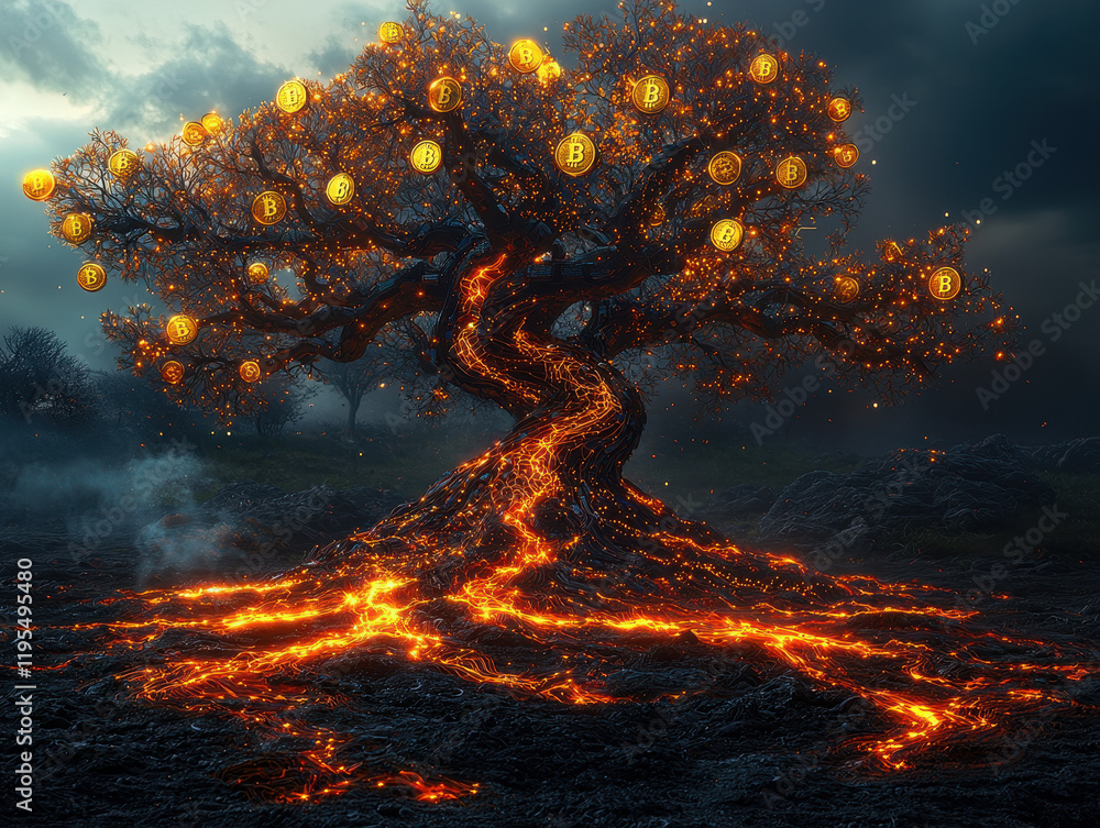 Poster glowing bitcoin tree with golden coins as leaves surrounded by vibrant colors and interconnected blo