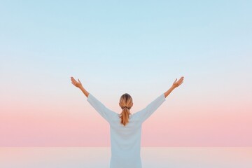 Sunset Embrace Woman with Raised Arms on Serene Hilltop