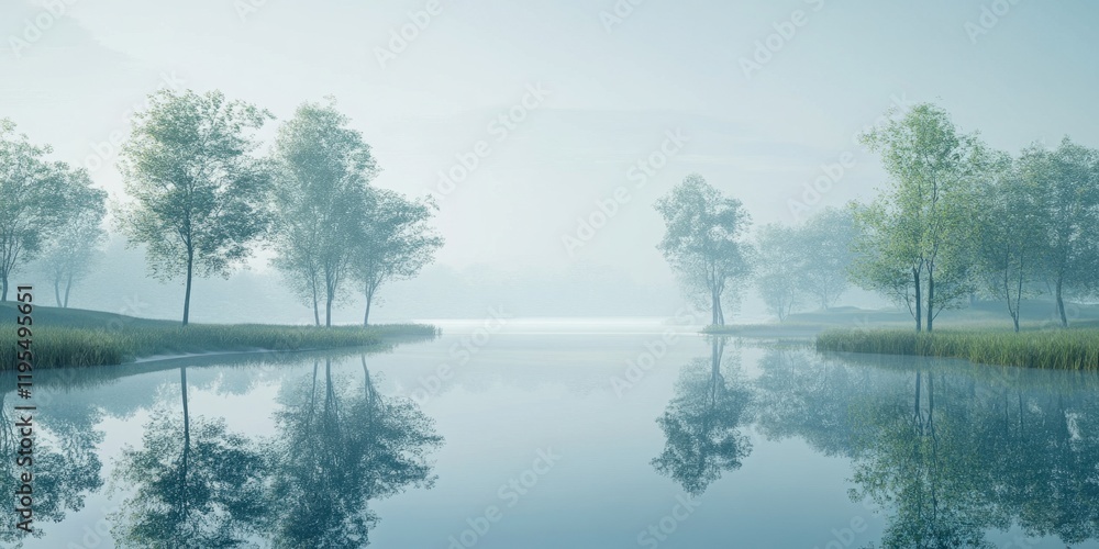 Poster calm waters reflect surrounding trees as soft mist envelops the lakeside at dawn, creating a peacefu