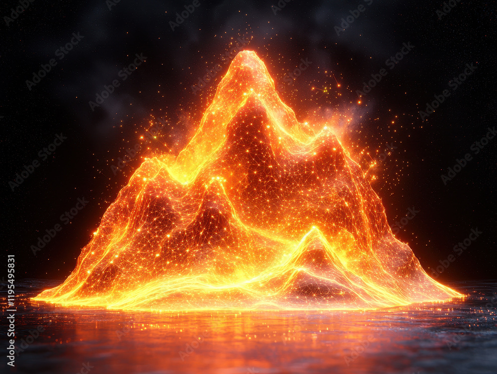 Poster glowing blockchain mountain with holographic nodes and dynamic energy streams flowing between peaks 