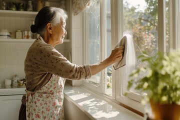 Elderly woman cleaning window in sunlit kitchen. Woman cleaning house