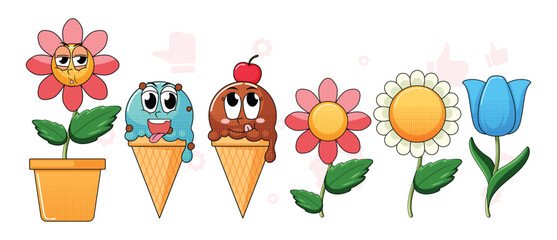 Groovy fast food characters set isolated on white background. Vector cartoon illustration of retro restaurant mascots, ketchup and mustard bottles, pizza, french fries, cup of soda, hotdog smiling