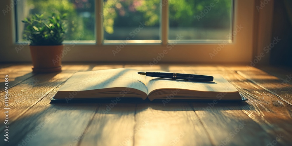 Poster minimalist workspace with open journal and fountain pen in sunlit calm