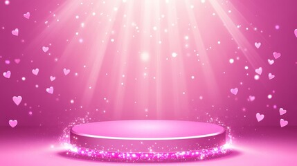 Obraz premium Pink podium illuminated with glowing lights and floating hearts symbolizing love and romance