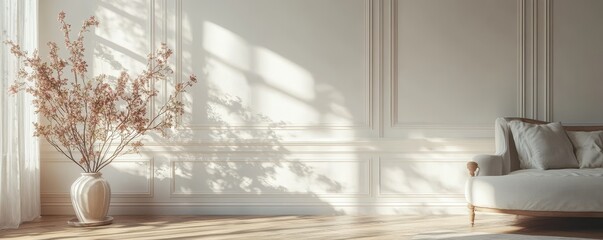 Elegant sunlit room with ornate wall paneling and flower vase