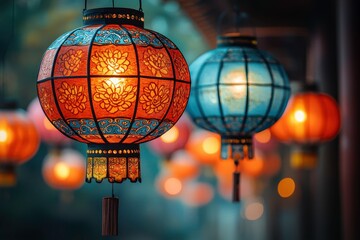 Colorful Lanterns Illuminating a Night Scene with Intricate Designs and Soft Glow, Capturing the Essence of Festivity and Cultural Celebration in an Enchanting Atmosphere