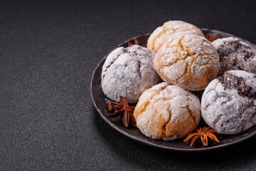 Sweet freshly baked round cookies of several types