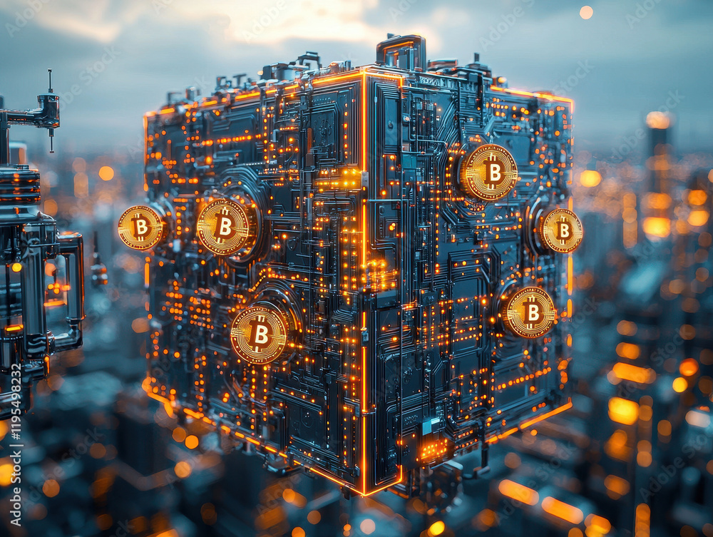 Poster surreal depiction of blockchain as a glowing cube filled with crypto coins, surrounded by an advance