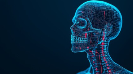 A digital illustration of a human skull and spine, showcasing anatomical structures with glowing lines against a dark background.
