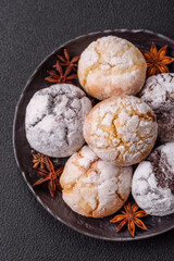 Sweet freshly baked round cookies of several types