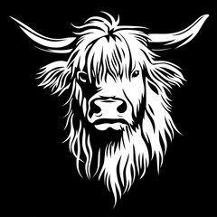 Fototapeta premium White shaggy horned cow portrait on black. Use Logo, graphic, art, print, web icon