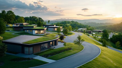 Sustainable and energy efficient community centers with geothermal heating systems and green roofs seamlessly blending into the lush scenic landscape with tranquil pathways and serene surroundings