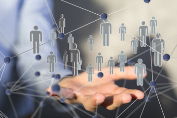 holding 3D rendering group of blue people