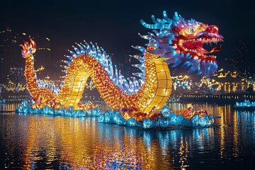 Obraz premium Majestic Colorful Dragon Sculpture Illuminates Night Sky Over Water, Celebrating Cultural Festivals and Traditions with Vibrant Lights and Artistic Design