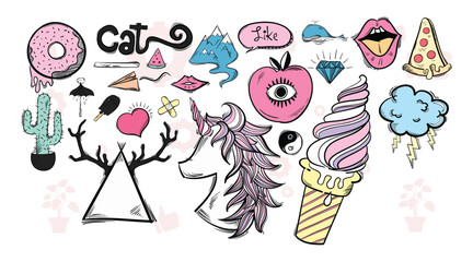 A cartoonish drawing of a man with a mustache and glasses. The drawing is filled with various objects, including a cup, a spoon, a cupcake, a cup, a bottle, a cupcake, a cupcake, a cupcake