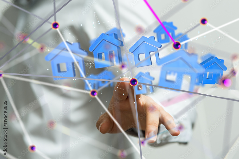Aufkleber home data. Digital cyberspace with particles and Digital data network connections concept. - 3d