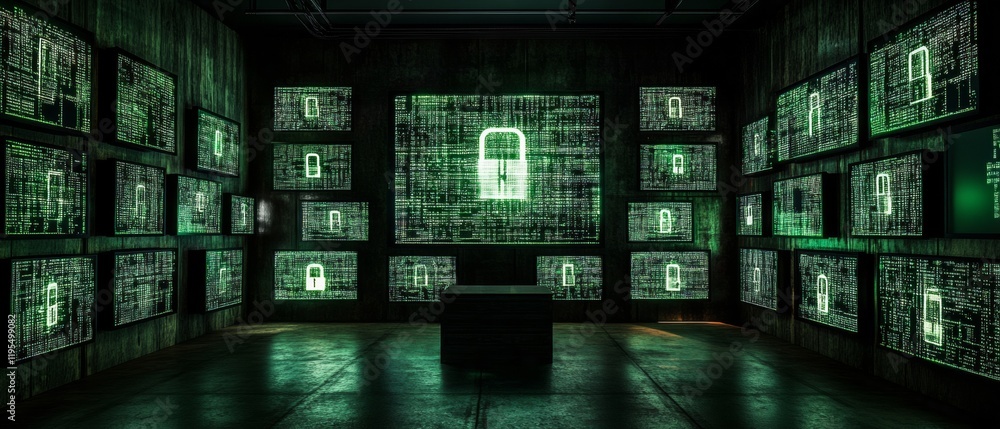 Leinwandbilder Illuminated Cybersecurity Room with Encrypted Data Streams and Digital Locks