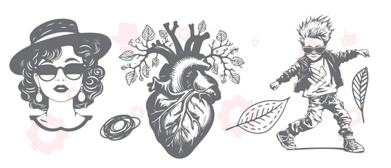 A cartoonish drawing of a man with a mustache and glasses. The drawing is filled with various objects, including a cup, a spoon, a cupcake, a cup, a bottle, a cupcake, a cupcake, a cupcake