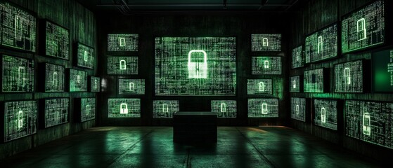 Illuminated Cybersecurity Room with Encrypted Data Streams and Digital Locks