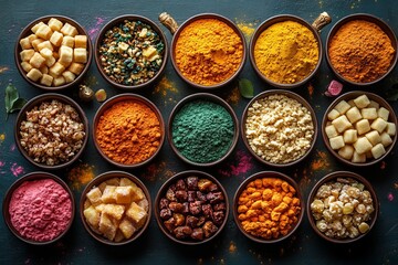 Vibrant Display of Colorful Holi Sweets Arranged in a Festive Flat Lay Composition