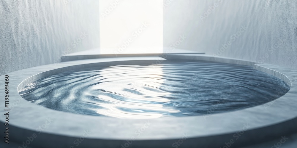 Poster a circular water feature gently rippling in a tranquil environment, illuminated by soft light enteri